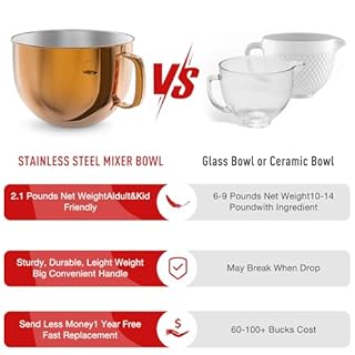 6QT Stainless Steel Mixer Bowl for Kitchenaid Stand Mixers, Kitchen Aid Mixing Bowl for 6QT Lift Mixer with Handle Copper