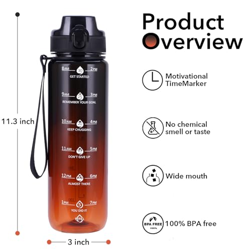 Image of 32oz Motivational Water Bottles with Time Marker & Fruit Strainer, Transparent Gradient Color Water Bottle with Times to Drink, Leakproof & BPA Free, Reusable Bottle with Strap (No Straw)