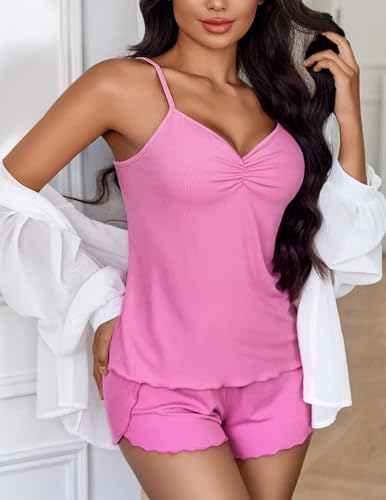Image of Ekouaer Womens Cami Pajama Sets 2 Piece Ribbed Knit Lingerie Sleeveless Tank Top and Shorts Camisole Pjs Sleepwear