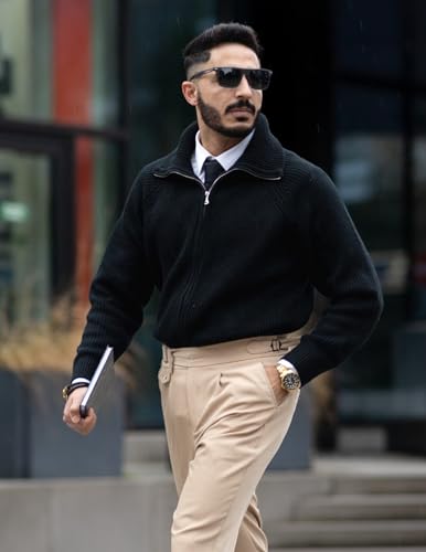 PJ PAUL JONES Men's Full Zip Cardigan Sweaters Unisex Relax Fit Lapel Collar Raglan Sleeve Casual Ribbed Sweater