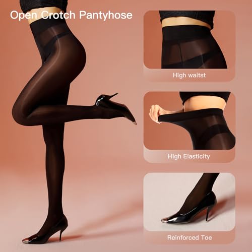 Yilanmy Shiny Sheer Tights Open the Crotch pantyhose for Women High Waist shimmery tights Oil Shimmery Nylons 2 Pairs3