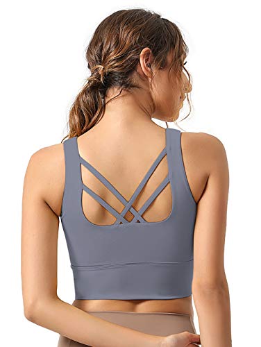 ACOCOPY Women Longline Padded Sport Bra Yoga Crop Top Medium Support Gym Running Workout Tank Tops Grey, Large