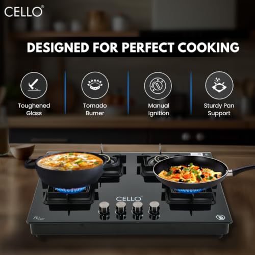 Image of Cello Classic Plus 4 Burner Gas Stove | Glass Hob Top Cooktop with Brass Burners | 8mm Toughened Glass | ISI Certified | Manual Ignition | Flame Guard Pan Supports | Premium Black