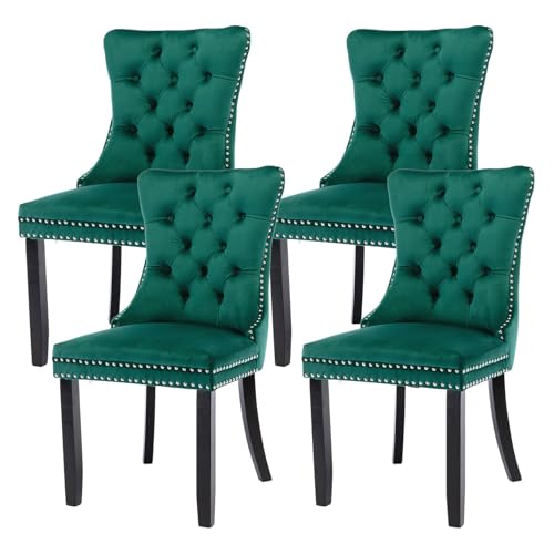Juego de 4 sillas de comedor de terciopelo de lujo, elegantes asientos tapizados con cabeza de clavo y patas de madera maciza, ideales para restaurante, cocina, dormitorio, sala de estar, elegante y
