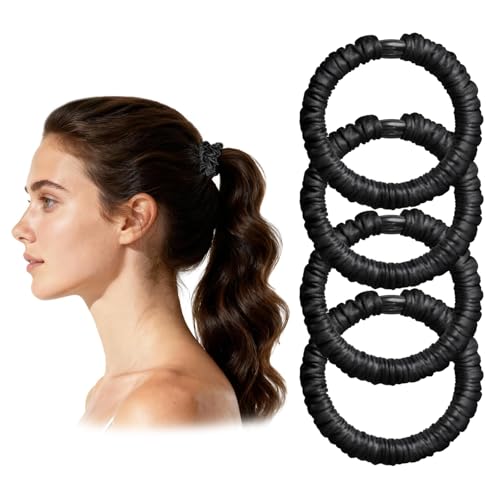 Qufiiry Coleteros de Satén Premium, Juego de 4 Scrunchie, 19 Momme Scrunchies Elástico para Moños y Trenzas (Negro)