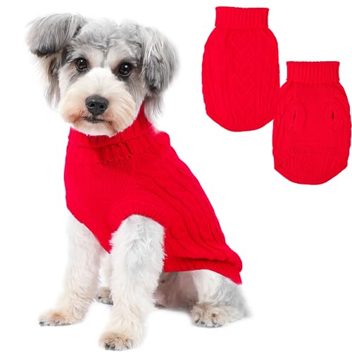 Image of Dog Christmas Sweaters Small Dog Clothes for Winter Solid Knitted Doggy Sweater Warm Dachshund Clothes Doggy Pullover Xmas Outfit with Heart-Shape Design(Red, Medium)