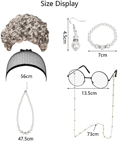 LOOPES Old Lady Cosplay Set Old Lady Fancy Dress With Granny Wig,Wig Cap,Fancy Dress Glasses&Pearl Accessories for Halloween Party Retro Stage Cosplay World Book Day Costume Accessories
