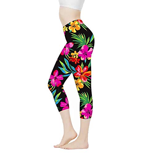 AFPANQZ Tropical Flowers High Waist Leggings for Women Athletic Pants Tummy Control Butt Lift Activewear Workout Yoga Stretch Capri Plus Size Legging Women L Black Pink Yellow