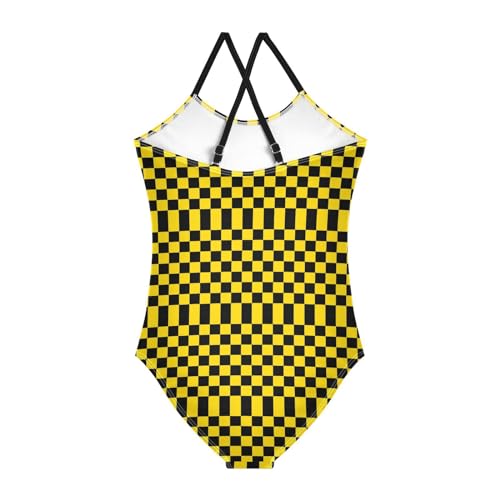 Image of Black and White Chess Girls One Piece Swimsuits Board Marble Tile Sport Halter Swimwear Beach Bathing Suit 3T