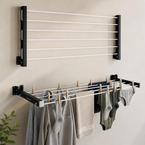 Image of TAGGY Heavy Duty 6 Layer Foldable Cloth Drying Stand for Balcony with 60 Feet Rope Cloth Drying Stand Wall Hanging Clothes Dryer Rack for Balcony Indoor Wall Mounted Laundry Hanger (6 Layer 60Ft Rope)