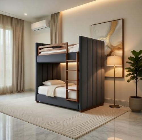 Image of STRATA FURNITURE Solid Wood Velvet Upholstered Bunk Bed with Ladder | Wooden Twin Over Double Bed for Bedroom Living Room and Home (Grey)