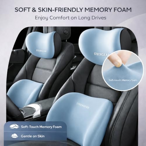 Image of Car Neck Rest Pillow & Lumbar Support Pillow - 100% Memory Foam Ultra Soft Car Seat Cushions | Relieves Neck & Back Pain While Reducing Driving Fatigue (Blue)