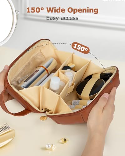 Travel Makeup Bag Gift for Women, Soft PU Leather Cosmetic Bags, Waterproof Toiletry Bag, Portable Wide Open Pouch, Travel Cosmetic Bag with Divider and Handle, Medium, Brown3