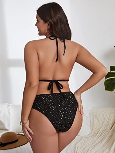 Makemechic Women's Plus Size 3 Piece Rhinestone Halter Triangle High Waisted Bikini Swimsuit With Cover Up Set Black 4Xl #TOP4