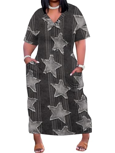 Image of SUZONANA Plus Size Denim Print Maxi Dresses for Women Casual V Neck Short Sleeve with Pockets Soft Jean Look Dress XL-6XL