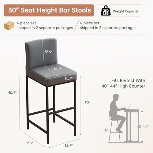 Butacos de Barra Set de 2, Altura 30'', con Soporte para Espalda, Asiento Tapizado en Cuero Sintético, Patas de Metal, Estilo Moderno, para Isla de Cocina o Bar en Casa, Gris miniatura 2