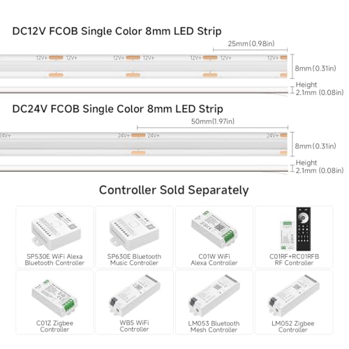 Image of BTF-LIGHTING FCOB IP65 Waterproof Green Color COB LED Strip 16.4FT DC24V 480LED /m 8mm Width Flexible High Density CRI 90+ Dimmable LED Light for Home Indoor Decor(No Controller or Adapter)