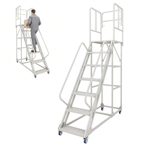 Image of 7-Step 23.3 inchW x 102.5 inchH Rolling Ladder with Handrails, Non-Slip Platform, Lockable Wheels, 1500LBS Capacity, Industrial & Warehouse Stairs, Easy to Move,Stable for Library, Supermarket, Garage