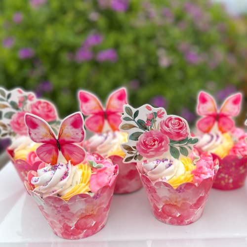 48 Pcs Butterfly & Rose Cupcake Topper Picks With Pink Cupcake Decorative Wrappers - Baby Shower | Girl’s Birthday Party | Bridal Shower | Valentine’s Day | Wedding Anniversary #TOP1