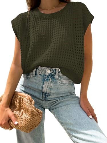 Image of Womens Summer Crochet Tops Hollow Out Cap Sleeve Cover Up Tank Top Pullover Sweater Vest Beach Vacation Clothes