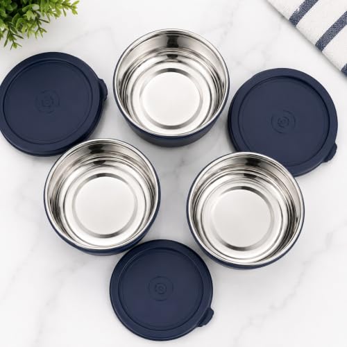 Image of Stainless Steel Food Storage Container Set 400 ml | Microwave Safe & Dishwasher Safe Lunch Bowl with Airtight Lid | Leak-Resistant Steel Container for Kitchen, Office & Travel (dark blue, set of 3)