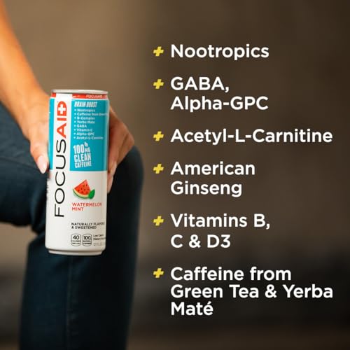 Image of FOCUSAID Energy, Brain Boost Drink, Watermelon Mint, Nootropics, Alpha-GPC, GABA, B-Complex, 100mg Caffeine, Yerba Mate, Green Tea, 100% Clean, No Artificial Sweeteners, 12-oz. cans (Pack of 24)