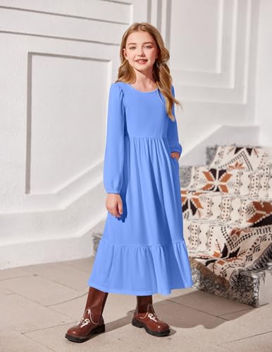 Image of Arshiner Girls Maxi Dresses Lantern Long Sleeve Casual Holiday Dress with Pockets for 5-14 Y