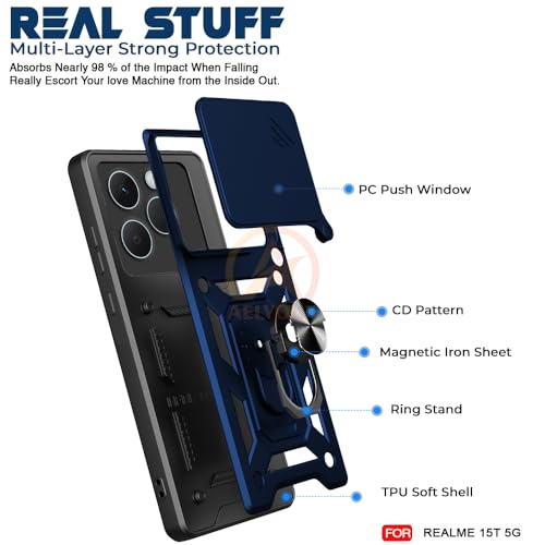 Image of Armor Bumper Back Cover Case for Realme 15T 5G Rotating Camera Cover, Ring Holder & Kickstand | Heavy Duty & 360 Degree Protection Realme 15T 5G Back Cover (Blue)