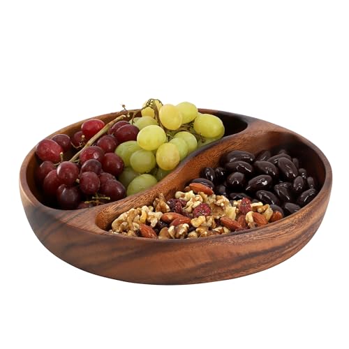 Elama 10 Inch Acacia Wood Divided Serving Bowl, Decorative Serveware, Tabletop Serving Piece (10 Inch Bowl)