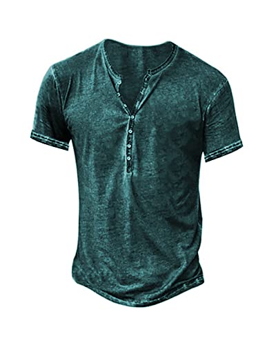 Mens Vintage T Shirts V Neck Short Sleeve Shirts Cotton Henley Shirts Casual Button Down Washed Tops