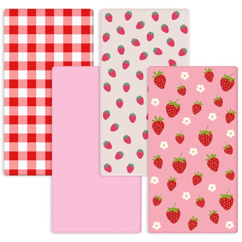 Image of Hahafelt 4 Pack Strawberry Baby Crib Fitted Sheet for Girls 52'' x 28'' Strawberry Stretchy Neutral Fitted Crib Mattress Bed Sheet Pink Baby Bedding for Standard Mattress Gift Set