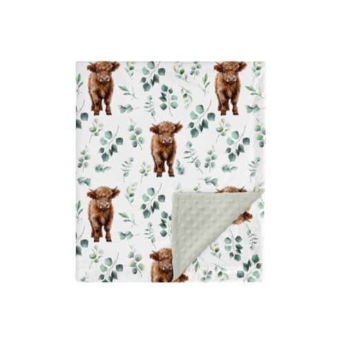 Image of Highland Cow Eucalyptus Leaf Mink Baby Blanket Dotted Backing Boy Girl Gift, Western Farm Animal Yak Double Layer Flannel Nursery Bed Blankets, Soft Plush Newborn Infant Toddler Crib Bedding 30 x 40