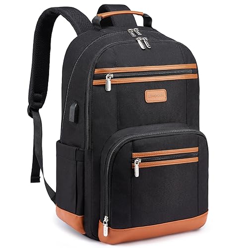 LOVEVOOK Laptop Backpack Vintage Travel Backpack with USB Charging Port Business Computer Backpack for Women & Men Water Resistant College Bag Fits 17.3 Inch Laptop and Notebook - Black