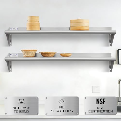 Image of Hally Stainless Steel Shelf Wall Mounted Metal Shelf Wall Shelf 10 x 48 NSF Heavy Duty 345 lb Capacity, Commercial Wall Mounted Storage Rack for Kitchen, Garage, Laundry Room 2 Pack