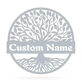 RealSteel Personalized Tree of Life Metal Wall Art – Custom Family Name Monogram Sign, Circular Steel Wall Décor for Indoor Outdoor Home & Garden – Wedding & Anniversary, Gift – Textured Silver, 18'