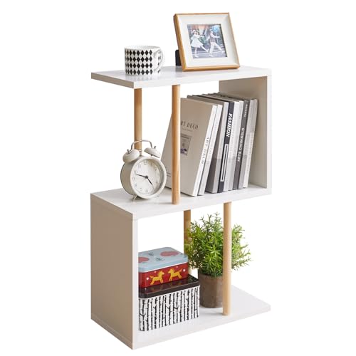 Aibiju Mesa Auxiliar Estrecha con Estante de Almacenamiento Abierto, Mesa Auxiliar en Forma de S, Mesita de Noche de 3 Niveles, 60 cm de Alto, Mesa de Sofá para Espacios Pequeños, Blanco YD-ST003W