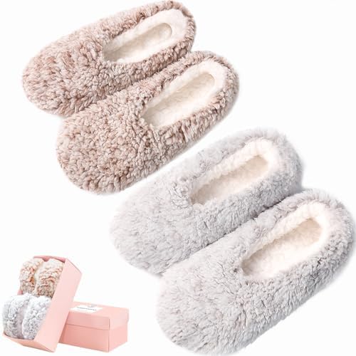 HUGSWEET Slipper for Women Men Thick Warm Fuzzy Slippers With Grips Indoor Cozy Fluffy Sherpa Lined Shoe Socks Non-Slip Soft Soles with Gift Box