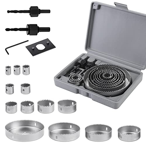 HSEAMALL Juego de 17 sierras perforadoras de acero al carbono de 19 a 127 mm, herramientas de brocas para madera, placas de yeso, plástico (gris plateado, 17 piezas)