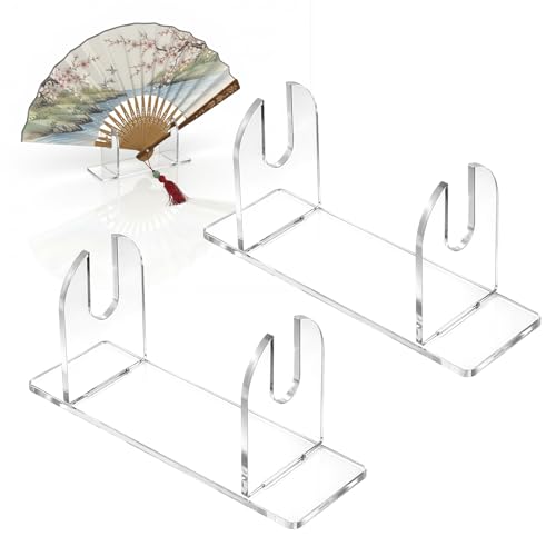 Image of 2 Pcs Acrylic Fan Display Stand, Clear Fan Display Holder Base Easel FoldingFan Holder Japanese Chinese Hand Fans Storage Holders Displays Stand for Fans Displays Organization (Remove film before use)