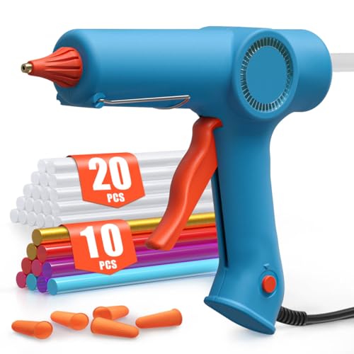 FAHEFANA Pistola de Silicona Caliente, Pistola de Pegamento 200W, calentamiento rápido 60s, 30 barras pegamento de 11mm(10colores y 20 transparentes), bricolaje, manualidades, reparaciones de oficina