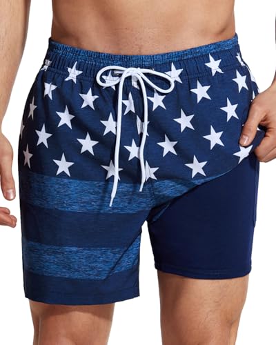 SILKWORLD Mens Swim Trunks with Compression Liner Board Shorts with Zipper Pockets, Denim American Flag, Medium