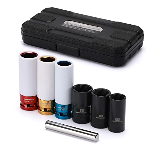 Image of MIXPOWER 7 Pieces 1 /2 inch Dr. Twist Socket and 1 /2 inch Dr. Thin Wall Deep Wheel Protector Impact Socket Set, Lug Nut Remover Extractor Tools, CR-MO, 6-Point, 17, 19, 21mm