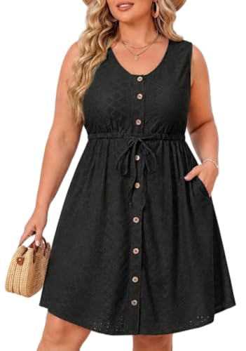 Image of Talisea Plus Size Summer Dresses - Casual Beach Eyelet Sleeveless Tank V Neck Button Down Swing Short Sundress Pockets Women
