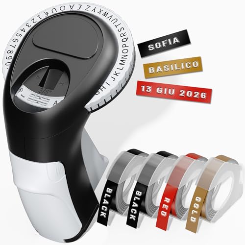 VolenGo Etikettiergerät Prägegerät Omega-S Etikettendrucker Beschriftungsgerät Prägegerät mit 4 Prägebändern (Schwarz Rot Gold) Prägemaschine für Hausgebrauch und DIY ( Ä Ö Ü)