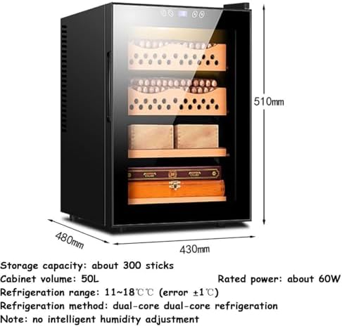 Cigar Humidor Cabinet - Electric Humidifier with Glass Door & Cedar Wood Shelves - 50L for 200-300 Cigars - Moisturizing Humidor, Non-Adjustable Humidity System