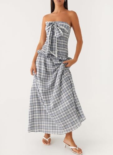Image of Women Floral Print Maxi Tube Dress Strapless Flowy Long Bandeau Dress Y2K Open Back Sundress Summer Beachwear