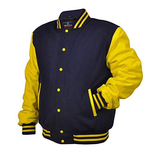 Image of Deckra Men's Varsity Jacket Genuine Leather Sleeve and Wool Blend Letterman Boys College Varsity Jackets XS-5XL