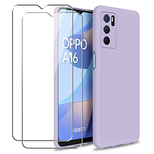 Funda para OPPO A16 / OPPO A16S / OPPO A54S con Dos Cristal Templado Protector de Pantalla, Púrpura Suave Líquido Silicona Protectora Carcasa para OPPO A16 / OPPO A16S Cover