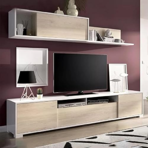 Dmora - Parete attrezzata Gruf, Set da soggiorno porta TV, Mobile salotto multiuso, 200x41h180 cm, Rovere e Bianco