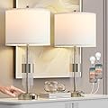 QiMH Table Lamp for Living Room,Bedside Lamp for Bedrooms Set of 2 with USB A+C Ports,3-Way Dimmable Touch Control,Modern Nightstand Lamp White Lampshade Home Decor, LED Bulb Included, Brushed Silver